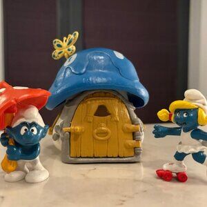 *Rare Vintage Schleich Smurf Mushroom Cottage House & Figurines